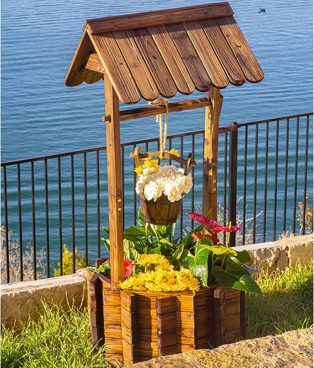 Wooden Wishing Well with Hanging Bucket P6255