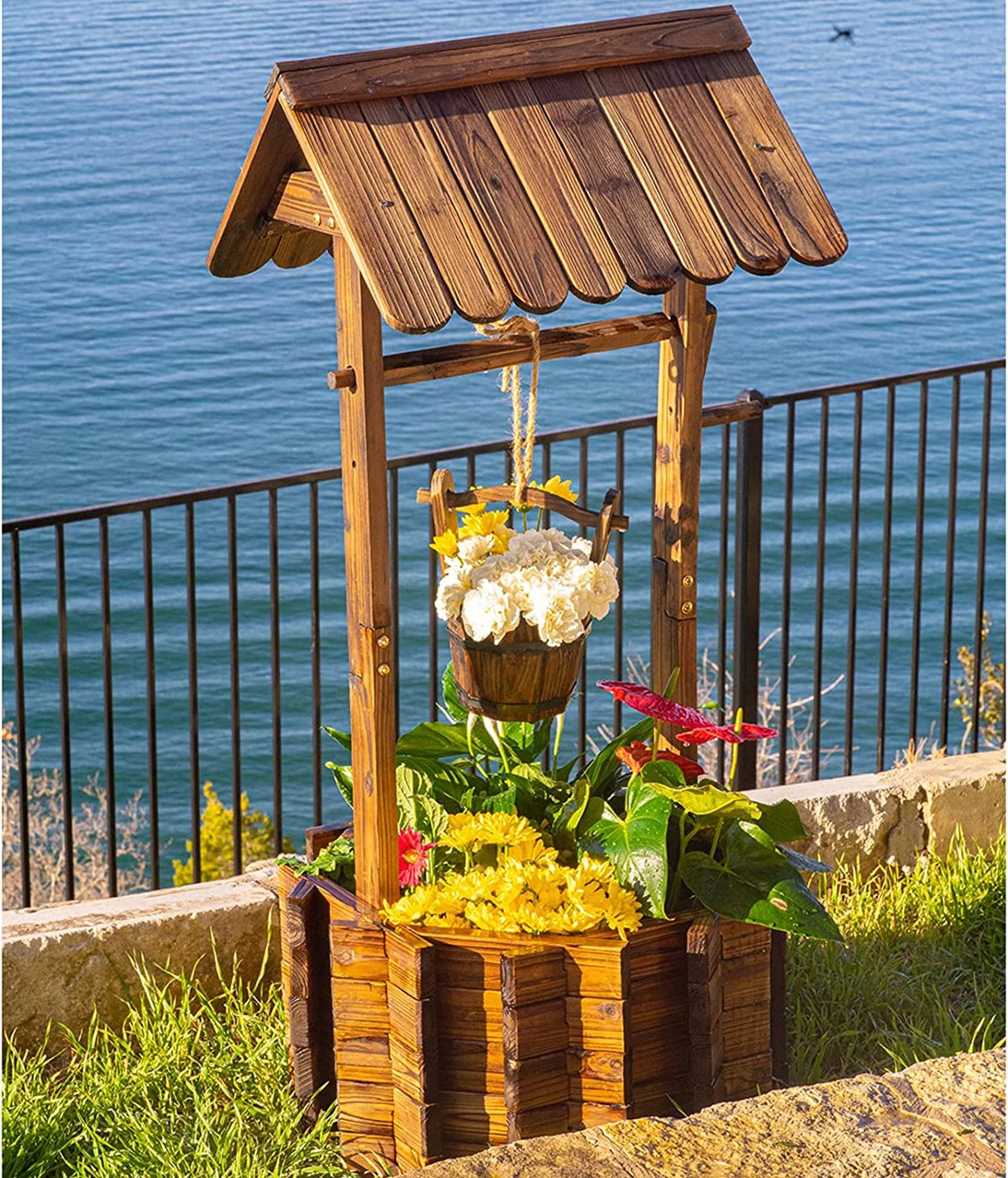 Wooden Wishing Well with Hanging Bucket P6255