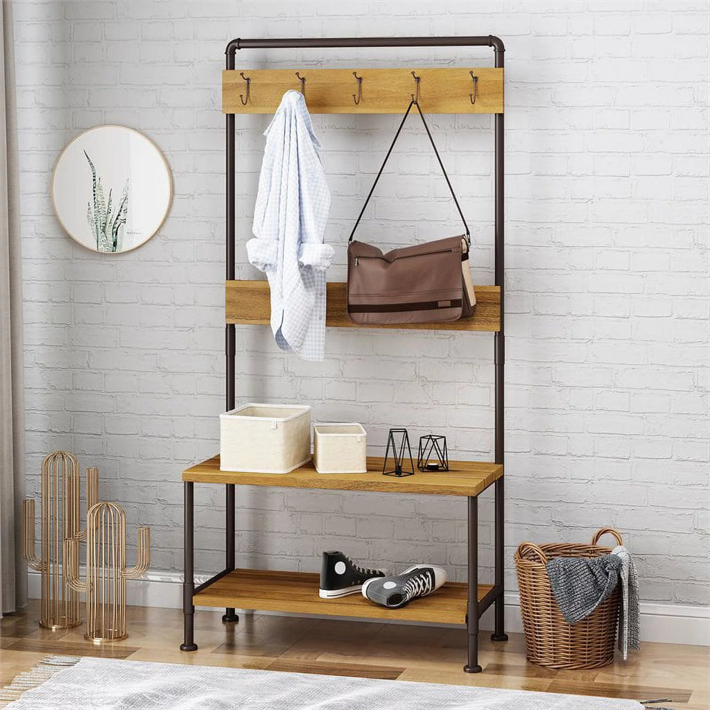 Acacia Wood Bench with Shelf and Coat Hook J924