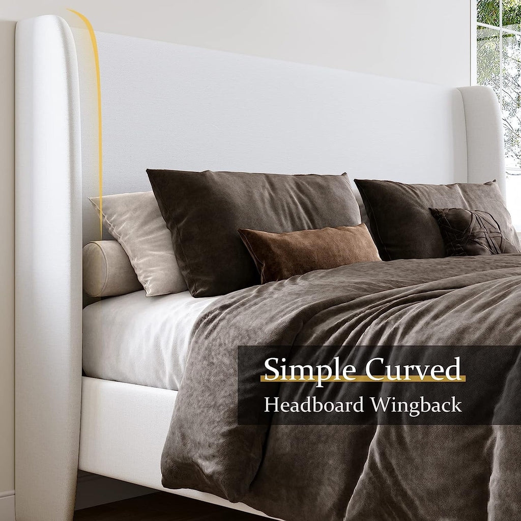 King Size White Linen Upholstered Platform Bed with Wingback Headboard M400836