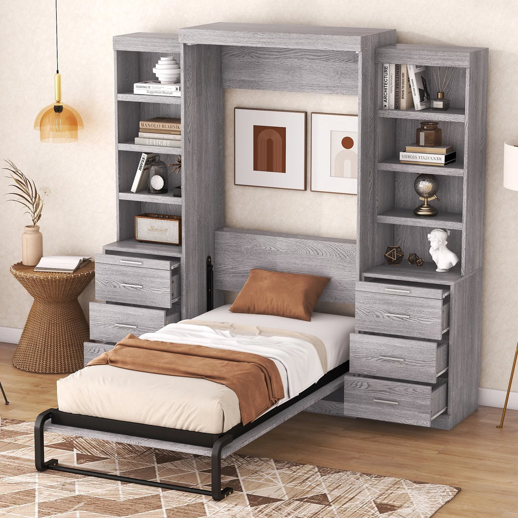 Twin Size Murphy Bed with Wardrobe and Drawers V678677