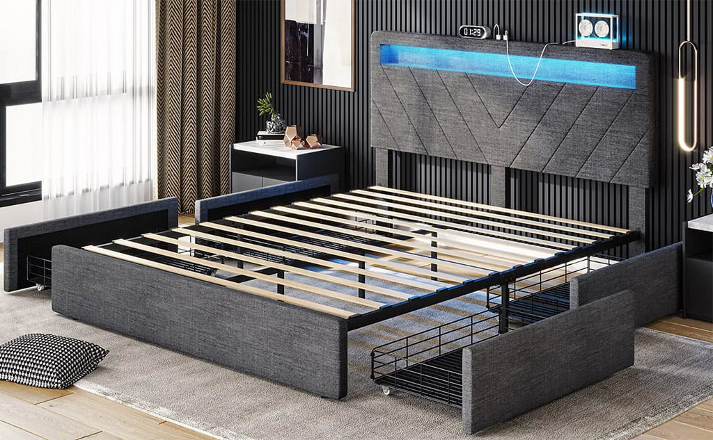 Queen Upholstered Platform Bed Frame with 4 Storage Drawers and LED Headboard V5748